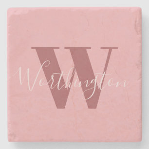 Posavasos De Piedra Girly Monograma y Nombre Rojo rosa