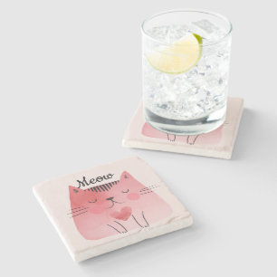 Posavasos De Piedra Girly Rubor Pink Heart Cat