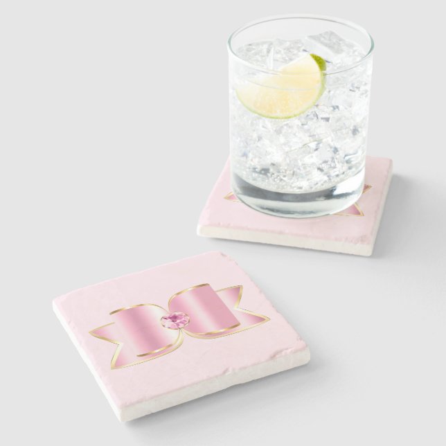 Posavasos De Piedra Glam Bow rosa con piedra angular (Lateral)
