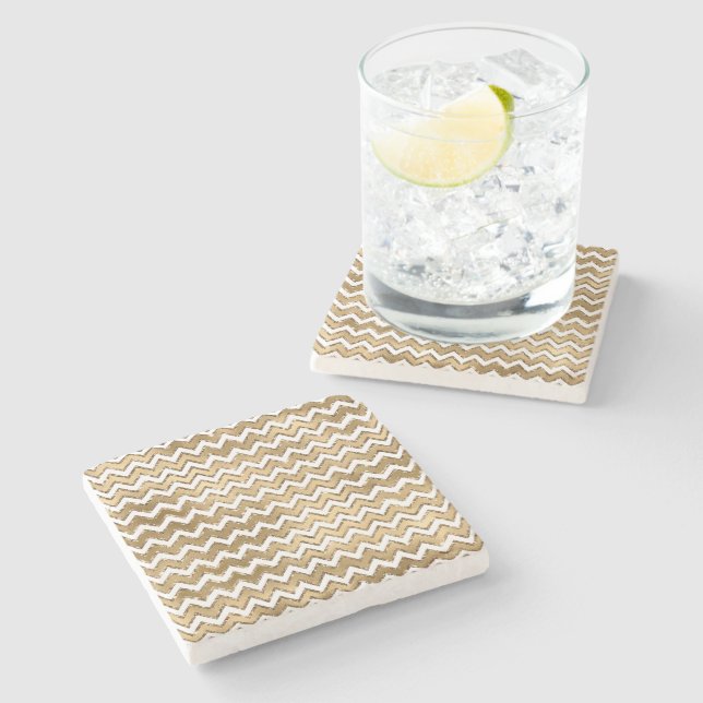 Posavasos De Piedra Glam Gold White Zigzag Stripes (Lateral)