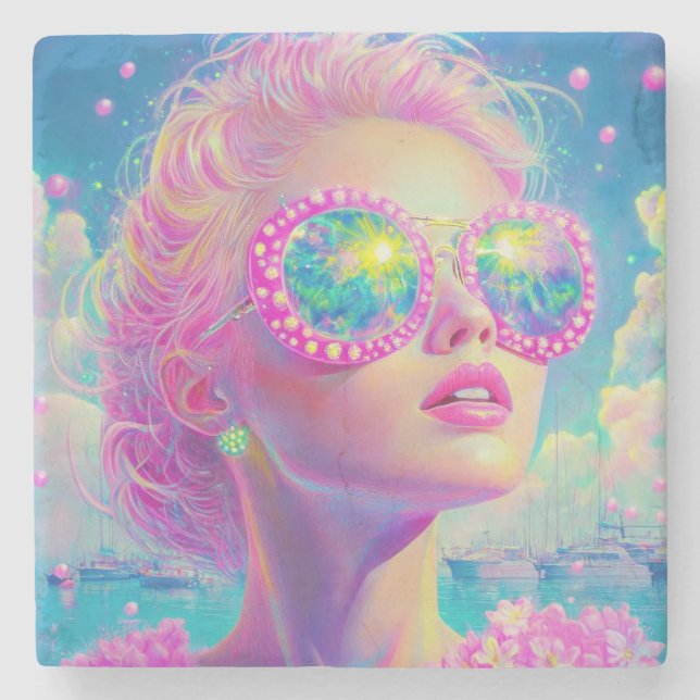 Posavasos De Piedra Glamorosa mujer neón con gafas de espuma (Anverso)