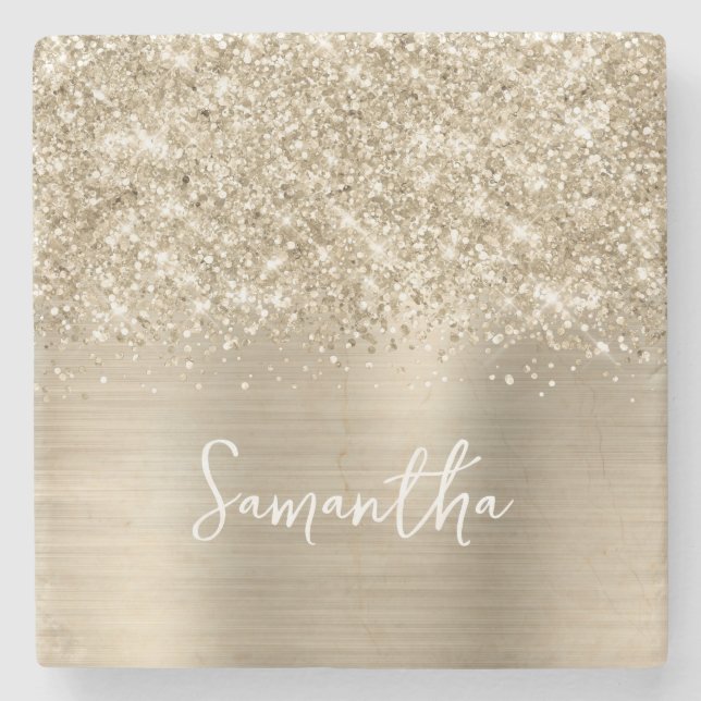 Posavasos De Piedra Glittery Pale Gold Glam Name (Anverso)