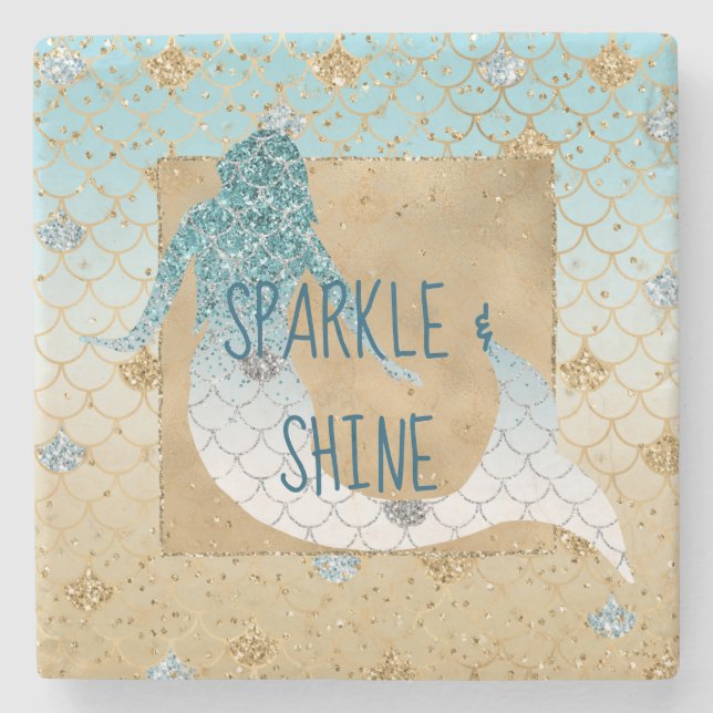 Posavasos De Piedra Glitzy Aqua Mermaid Blue Gold Sparkle Purpurina (Anverso)