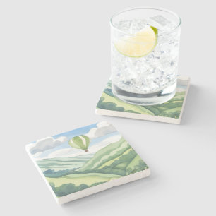 Posavasos De Piedra Globo Aerostático Paisaje Acuarela Verde