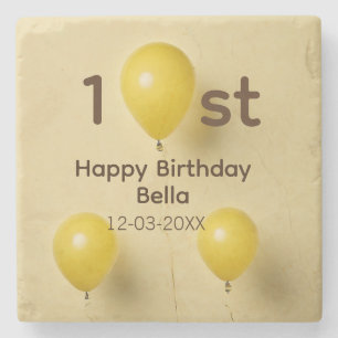 Posavasos De Piedra Globos amarillos cumpleaños 1er nombre fecha texto