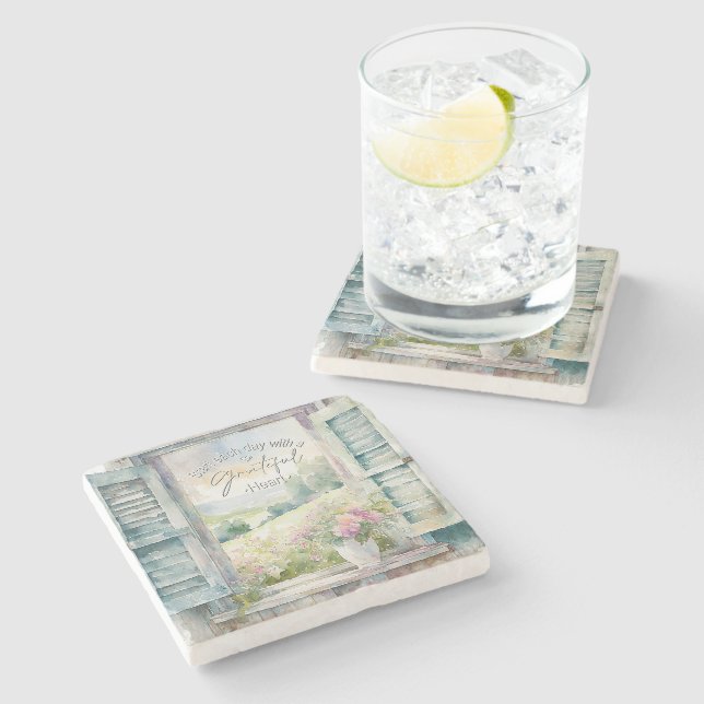 Posavasos De Piedra Glorioso acuarela floral ventana (Lateral)