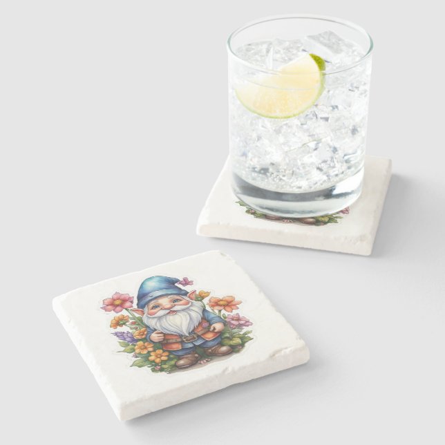 Posavasos De Piedra Gnome Y Flores 2 (Lateral)