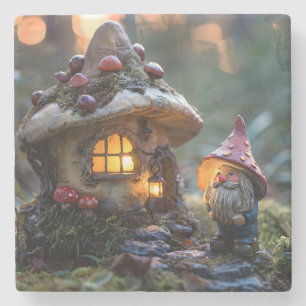 Posavasos De Piedra Gnome y una casa de hongos, diseño de fantasía