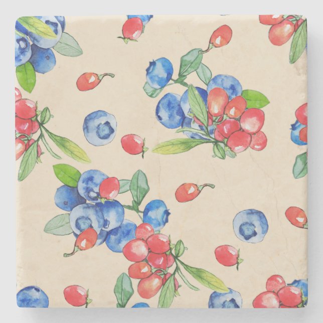 Posavasos De Piedra Goji, arándano azul: patrón de ilustracion acuátic (Anverso)