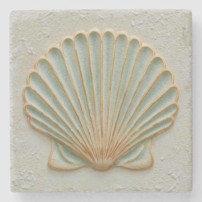 Posavasos De Piedra Gold and Aqua Scallop Shell Coastal (Anverso)
