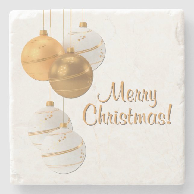 Posavasos De Piedra Gold and White Christmas Balls Custom Text (Anverso)