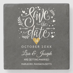 Posavasos De Piedra Gold Heart Chalkboard Guardar la fecha