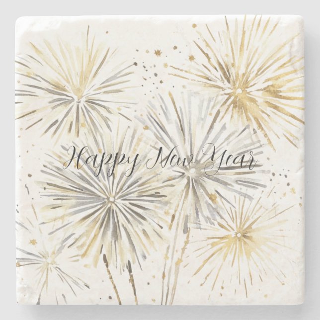 Posavasos De Piedra Gold Silver Fireworks New Year's Eve or Day (Anverso)