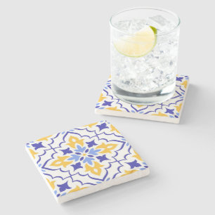 Posavasos De Piedra Golden Harmony Blue Floral Mosaic Elegant 