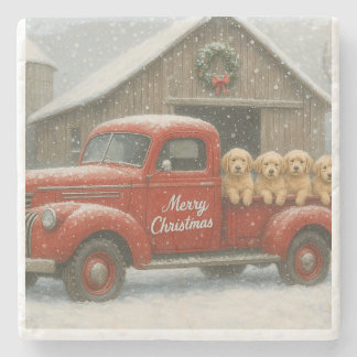 Posavasos De Piedra Golden Retriever Christmas Puppies in Old Truck