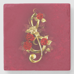 Posavasos De Piedra Golden Treble Clef con flores Rosas