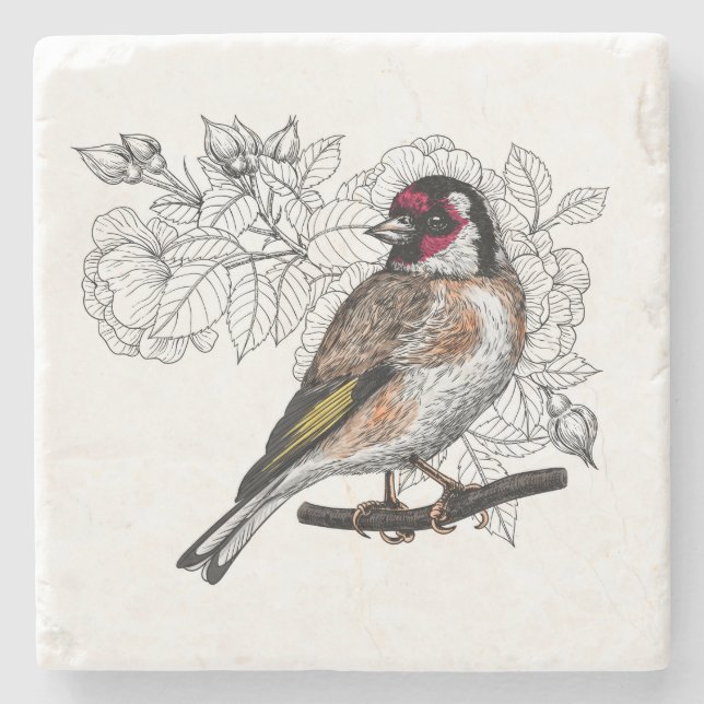 Posavasos De Piedra Goldfinch y rosas (Anverso)