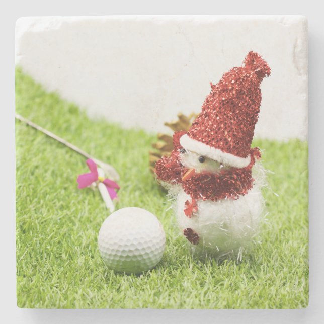 Posavasos De Piedra Golf Snow Man con bola de golf en Navidades verdes (Anverso)