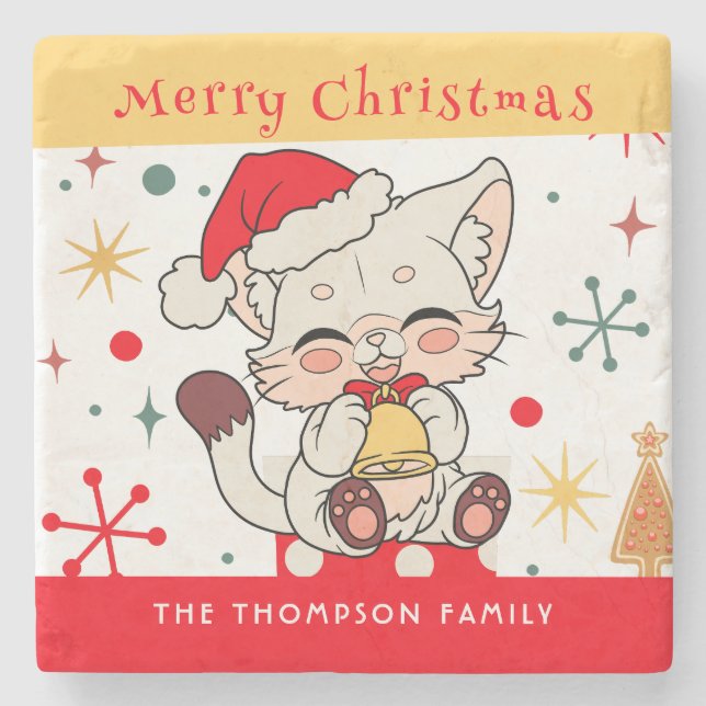 Posavasos De Piedra Graciosamente curado Navidades de Monograma Verde  (Anverso)