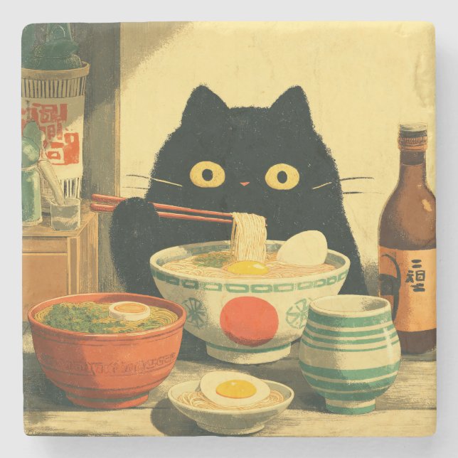 Posavasos De Piedra Gracioso gato negro comiendo Ramen (Anverso)