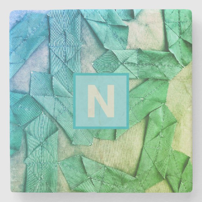 Posavasos De Piedra Gradiente monogramo cyan verde acuático abstracto (Anverso)