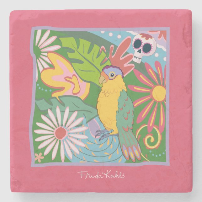 Posavasos De Piedra Gráfico de Frida Kahlo Parrot (Anverso)