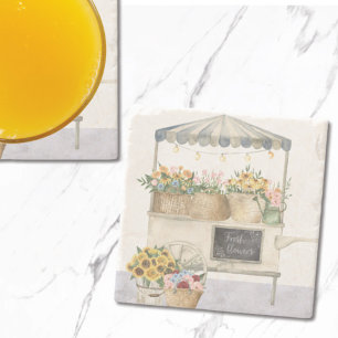 Posavasos De Piedra Gráfico de Mercado de Flores Acuarela Arte Cottage
