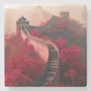 Posavasos De Piedra Gran Muralla de China en otoño - Rojo escénico