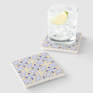Posavasos De Piedra Grand Mosaic Blue and Gold Floral Mediterranean