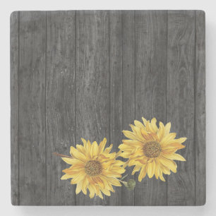 Posavasos De Piedra Grano rústico de madera negra y montaña de girasol