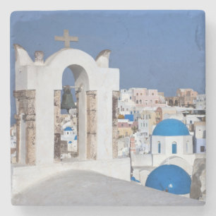 Posavasos De Piedra Grecia, Santorini. Campanario y cúpulas azules de