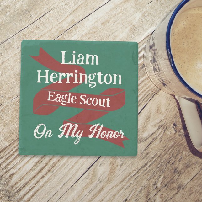 Posavasos De Piedra Green and Burgundy Eagle Scout Court of Honor (green and burgundy red eagle scout court of honor personalized coaster gift with name, banner ribbon)