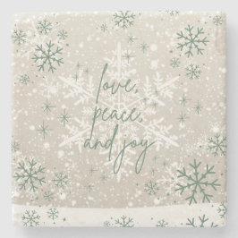 Posavasos De Piedra Green Beige Snowflakes Love Peace Joy Holiday