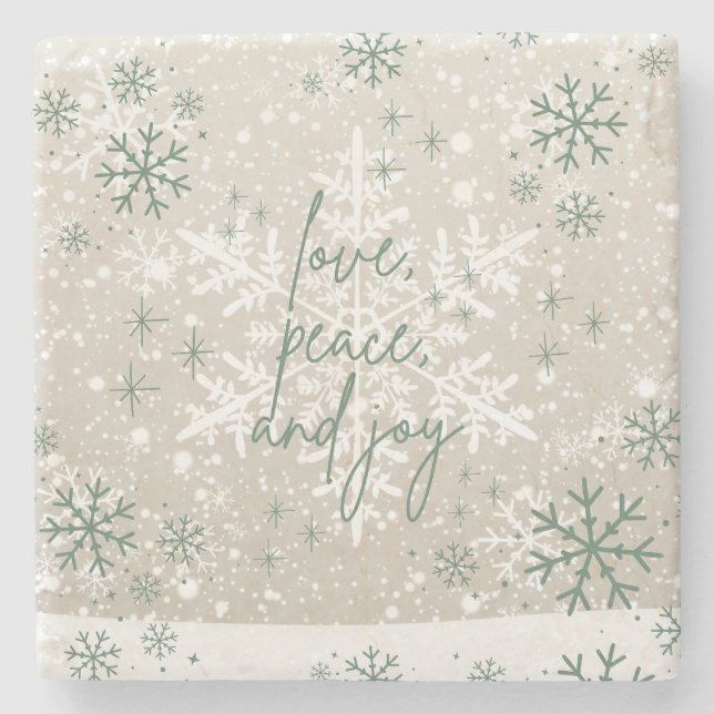 Posavasos De Piedra Green Beige Snowflakes Love Peace Joy Holiday (Anverso)
