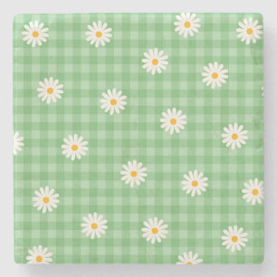 Posavasos De Piedra Green Daisy Plaid Gingham Check Flower Pattern