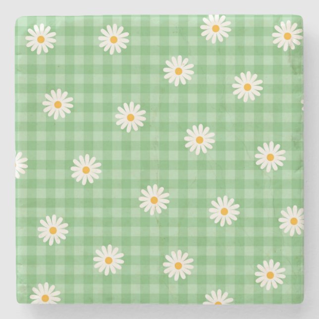 Posavasos De Piedra Green Daisy Plaid Gingham Check Flower Pattern (Anverso)