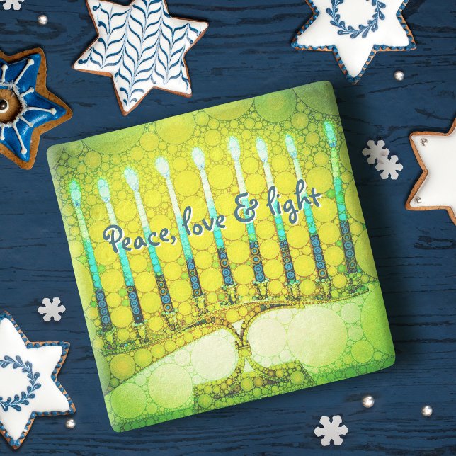 Posavasos De Piedra Green Hanukkah Menorah Peace Love Light Script (Subido por el creador)