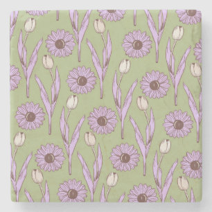 Posavasos De Piedra Green Purple Retro Y2K Funky Hippie Flower Pattern