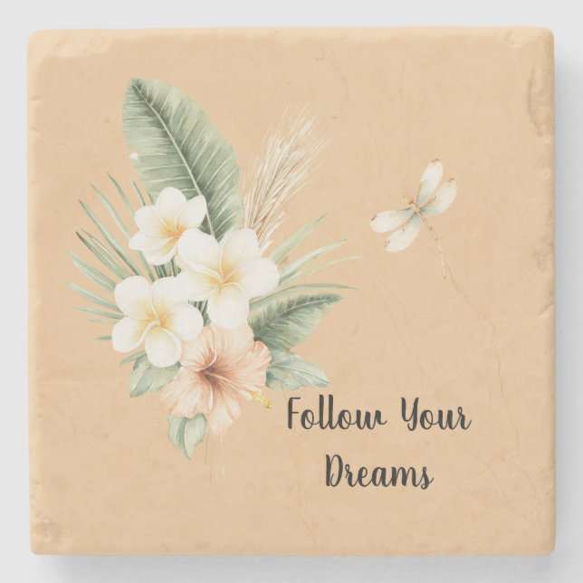 Posavasos De Piedra Green Tropical Peach Hibiscus Plumeria Dragonfly (Anverso)