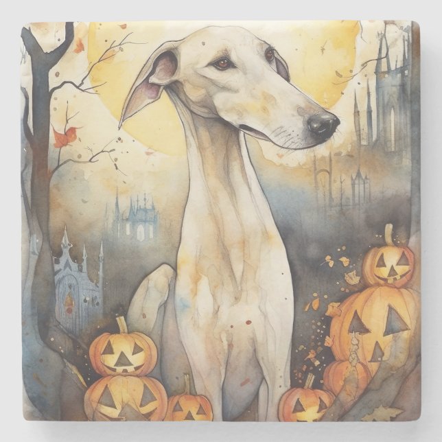 Posavasos De Piedra Greyhound de Halloween con calabazas asustadas (Anverso)
