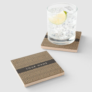 Posavasos De Piedra Griego Meander Key Brown, Tu Nombre, Personalizar