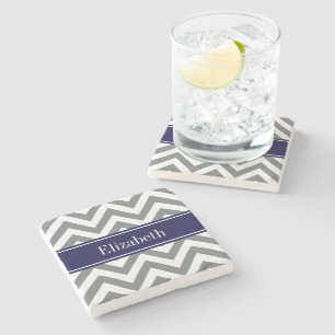 Posavasos De Piedra Gris Carbón Chevron Grande Azul Marino Monograma N