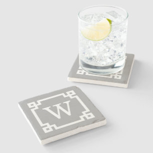 Posavasos De Piedra Gris oscuro cuyo marco de clave griega #2 monogram