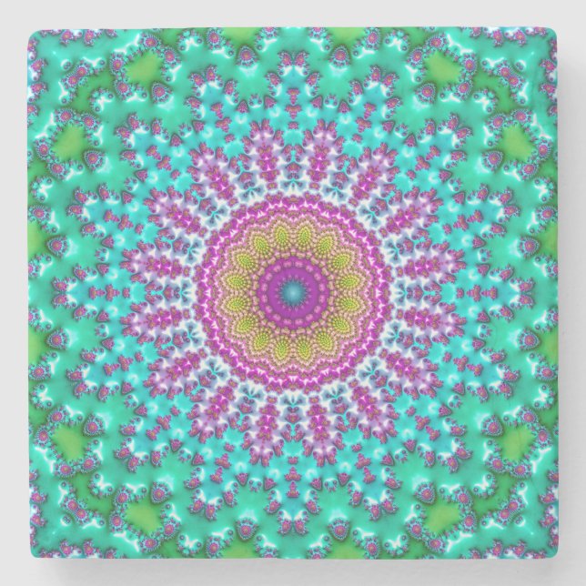 Posavasos De Piedra Groovy Colorful Jewel Tone Boho Fractal Mandala (Anverso)