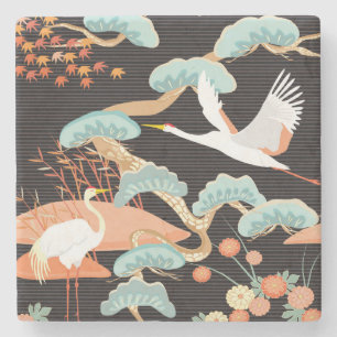 Posavasos De Piedra Grullas, garzas: Patrón de pájaros japoneses.