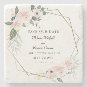 Posavasos De Piedra Guardar Nuestra Fecha Floral Rústico Script Person