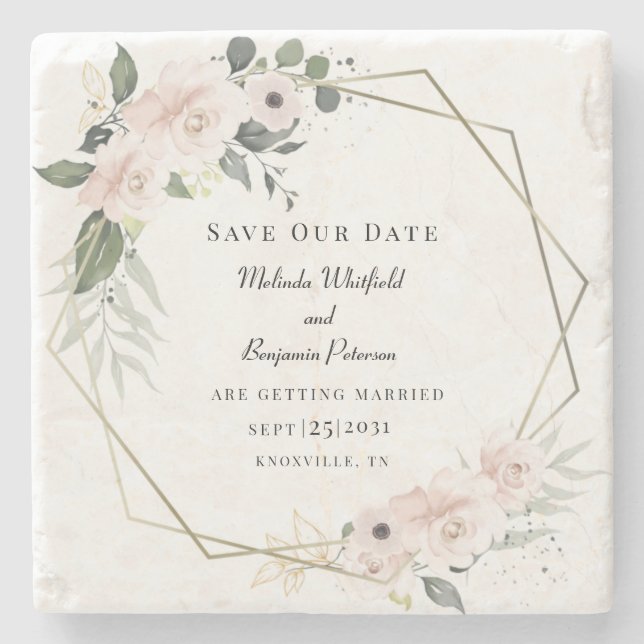 Posavasos De Piedra Guardar Nuestra Fecha Floral Rústico Script Person (Anverso)