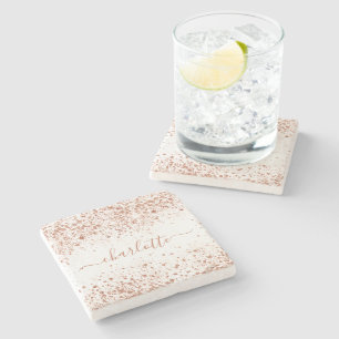 Posavasos De Piedra guión de nombre blanco del purpurina de oro Rosa