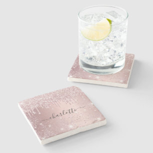 Posavasos De Piedra Guión de nombre con brillo rosa rubor