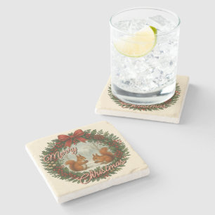 Posavasos De Piedra Guirnalda de vacaciones inglesa retro con ardillas